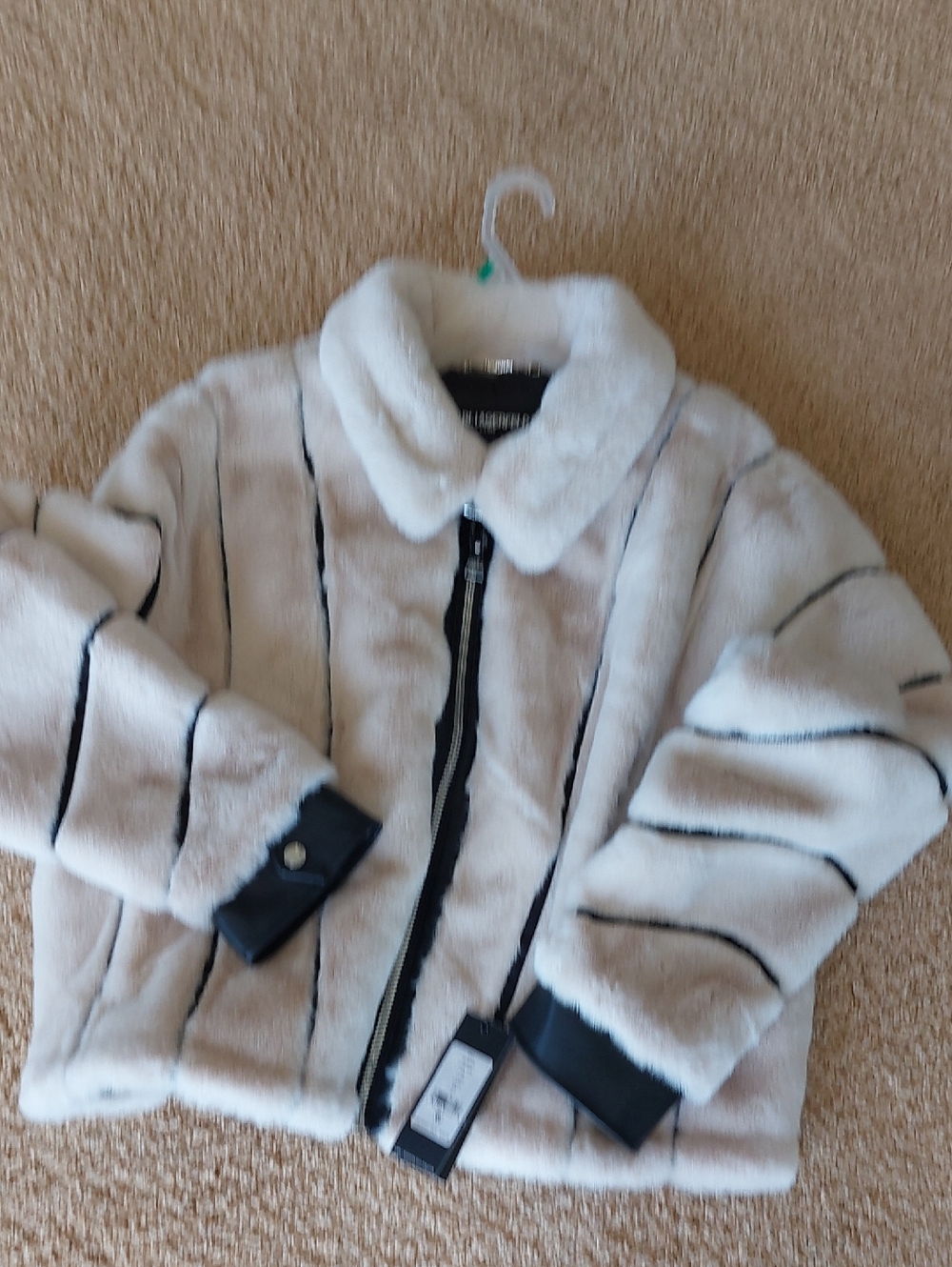 Karl Lagerfeld  Cream Faux Fur Puffer Jacket with Black Trim
